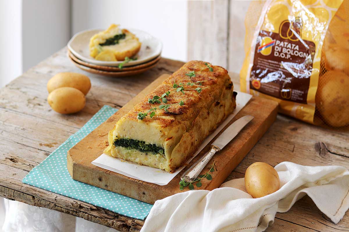 Sformato di Patate di Bologna D.O.P. con cime di rapa e baccalà